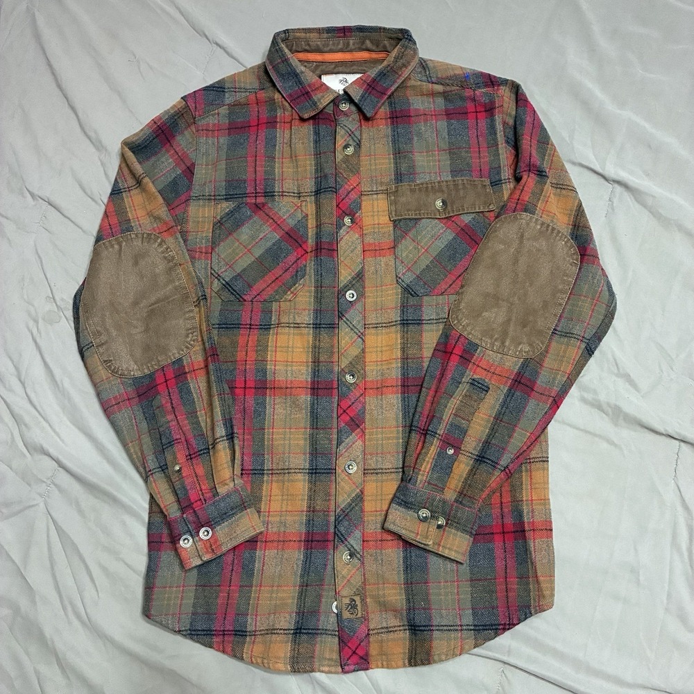 Legendary Whitetails Plaid Flannel Shirt Mens SM Brown Leather Elbow Patch